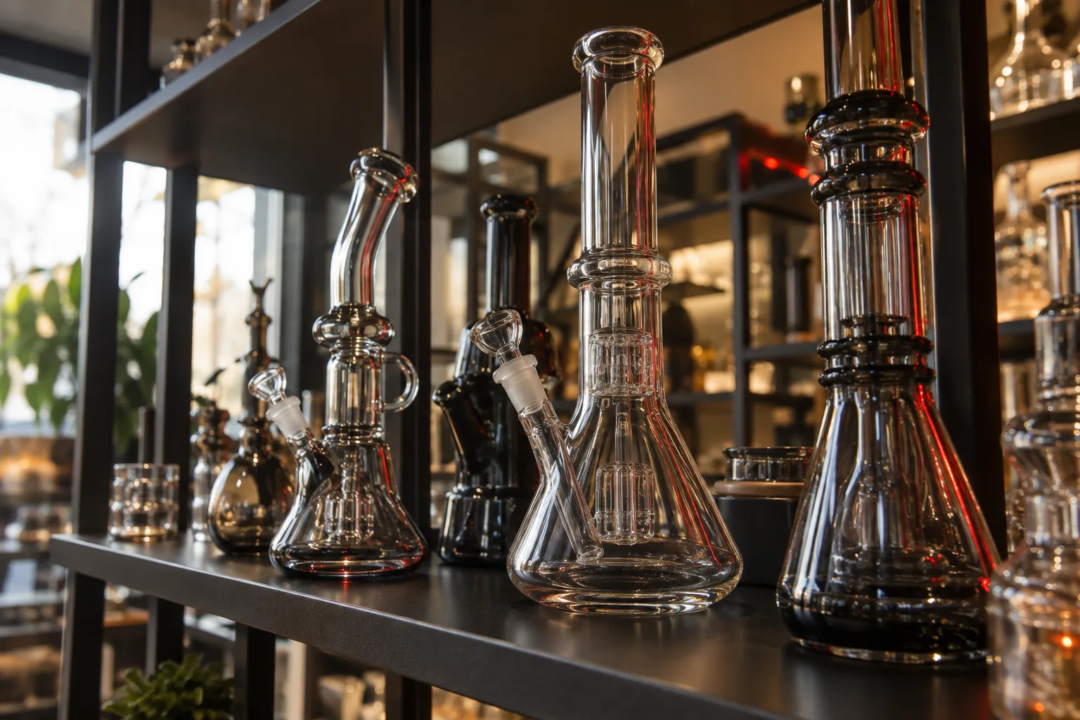 Concept image of clear and smoky glass pieces displayed on shelves